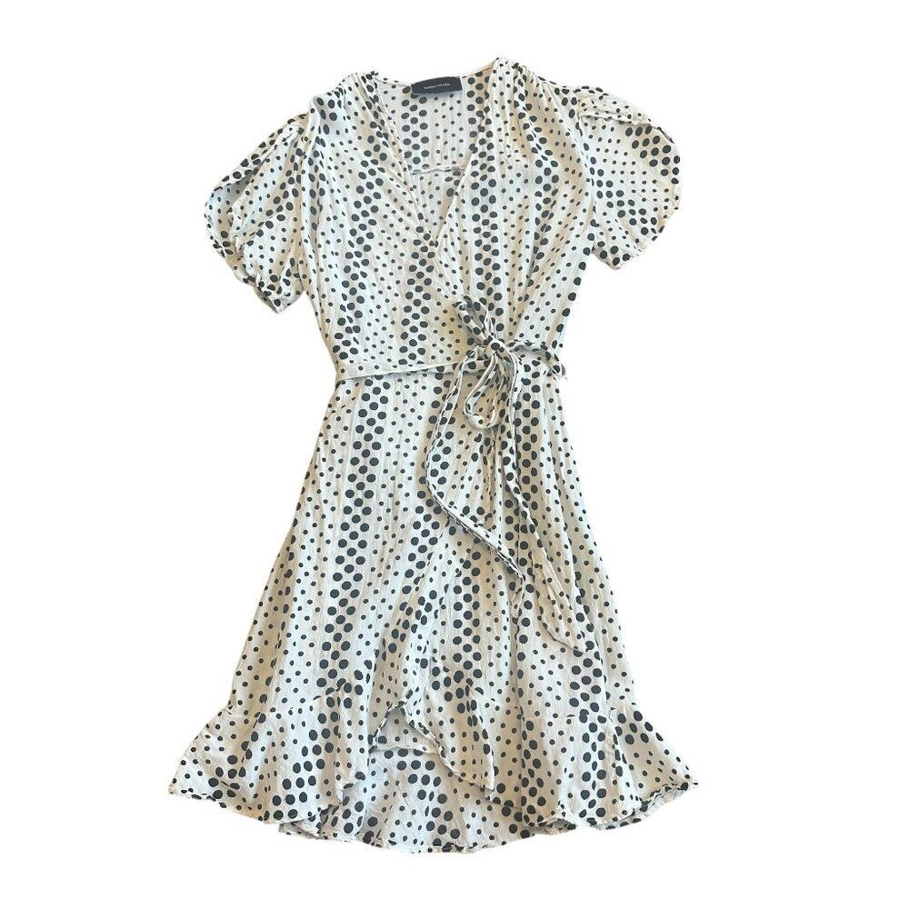 Karen MIllen White Polka Dot Wrap Dress Flutter Sleeves Ruffle Mini Size 2 Women